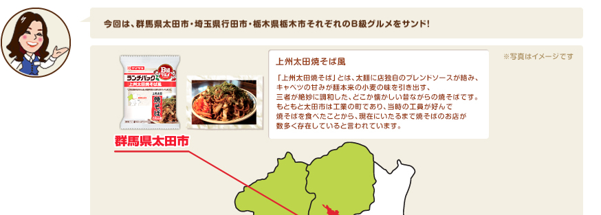 今回は、群馬県太田市・埼玉県行田市・栃木県栃木市それぞれのＢ級グルメをサンド！　上州太田焼そば風：「上州太田焼そば」とは、太麺に店独自のブレンドソースが絡み、キャベツの甘みが麺本来の小麦の味を引き出す、三者が絶妙に調和した、どこか懐かしい昔ながらの焼そばです。もともと太田市は工業の町であり、当時の工員が好んで焼そばを食べたことから、現在にいたるまで焼そばのお店が数多く存在していると言われています。