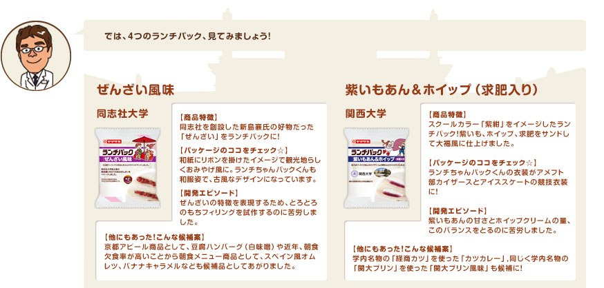 では、4つのランチパック、見てみましょう！ぜんざい風味 同志社大学：【商品特徴】同志社を設立した新島襄氏の好物だった「ぜんざい」をランチパックに！ 【パッケージのココをチェック☆】和紙にリボンを掛けたイメージで観光地らしくおみやげ風に。ランチちゃんパックくんも和服を着飾り、古風なデザインに仕上げました。 【開発エピソード】ぜんざいの特徴を表現するため、とろとろのもちフィリングを試作するのに苦労しました。【他にもあった！こんな候補案】京都アピール商品として、豆腐ハンバーグ（白味噌）や近年、朝食欠食率が高いことから朝食メニュー商品として、スペイン風オムレツ、バナナキャラメルなども候補品としてあがりました。　紫いもあん＆ホイップ（求肥入り） 関西大学：【商品特徴】スクールカラー「紫紺」をイメージしたランチパック！紫いも、ホイップ、求肥をサンドして大福風に仕上げました。【パッケージのココをチェック☆】ランチちゃんパックくんの衣装がアメフト部カイザースとアイススケートの競技衣装に！【開発エピソード】紫いもあんの甘さとホイップクリームの量、このバランスをとるのに苦労しました。