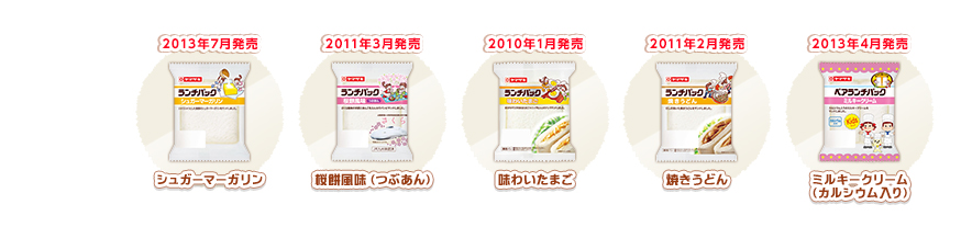 2013年7月発売　シュガーマーガリン　2011年3月発売　桜餅風味（つぶあん）　2010年1月発売　味わいたまご　2011年2月発売　焼きうどん　2013年4月発売　ミルキークリーム （カルシウム入り）