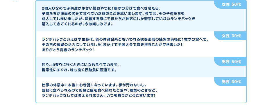2個入りなので子供達が小さい頃おやつに1個ずつ分けて食べさせたら、子供たちが満面の笑みで食べていた時のことを思い出します。今では、その子供たちも成人してしまいましたが、帰省する時に子供たちが地方にしか販売していないランチパックを購入してきてくれるのが、今は楽しみです。（女性 50代）、ランチパックといえば学生時代。影の体育会系ともいわれる吹奏楽部の練習の前後に１枚ずつ食べて、その日の練習の活力にしていました！おかげで全国大会で賞を獲ることができました！ありがとう青春のランチパック！（女性 30代）、釣り、山登りに行くときにいつも食べています。携帯性にすぐれ、味も良く行動食に最適です。（男性 50代）、仕事の休憩中に本当にお世話になっています。手が汚れないし、気軽に食べられるのでお昼ご飯を食べ損ねたときや、残業のときなど、ランチパックなしでは考えられません。いつもありがとうございます！（男性 30代）