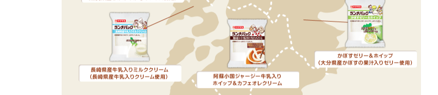 長崎県産牛乳入りミルククリーム（長崎県産牛乳入りクリーム使用）、阿蘇小国ジャージー牛乳入りホイップ＆カフェオレクリーム、かぼすゼリー＆ホイップ（大分県産かぼすの果汁入りゼリー使用）